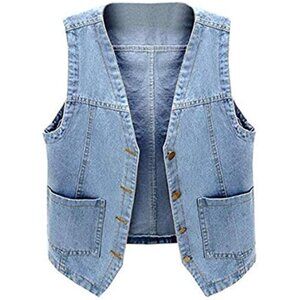 Women's Sleeveless Denim Vest V Neck Button Down Jean Waistcoat Jacket